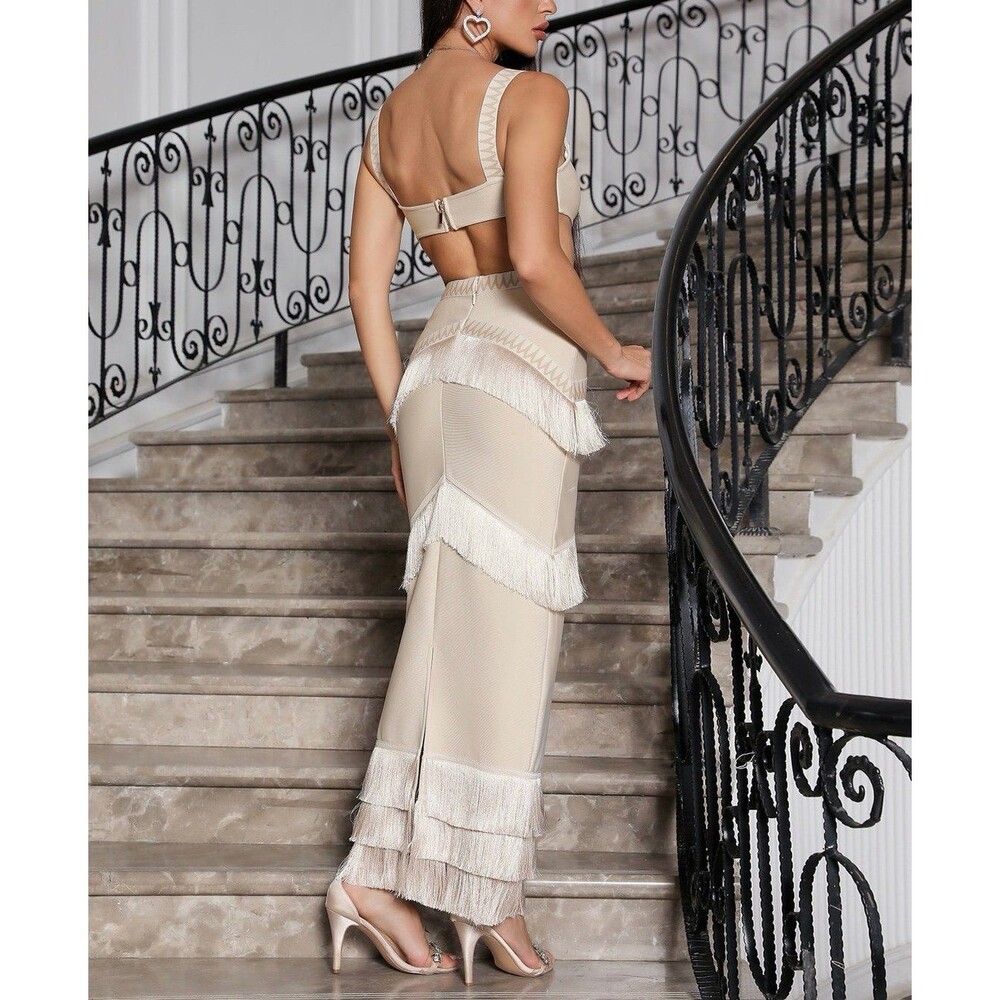 Metallic Knit Maxi Dress with Fringe Trim NWT - Picture 4 of 12